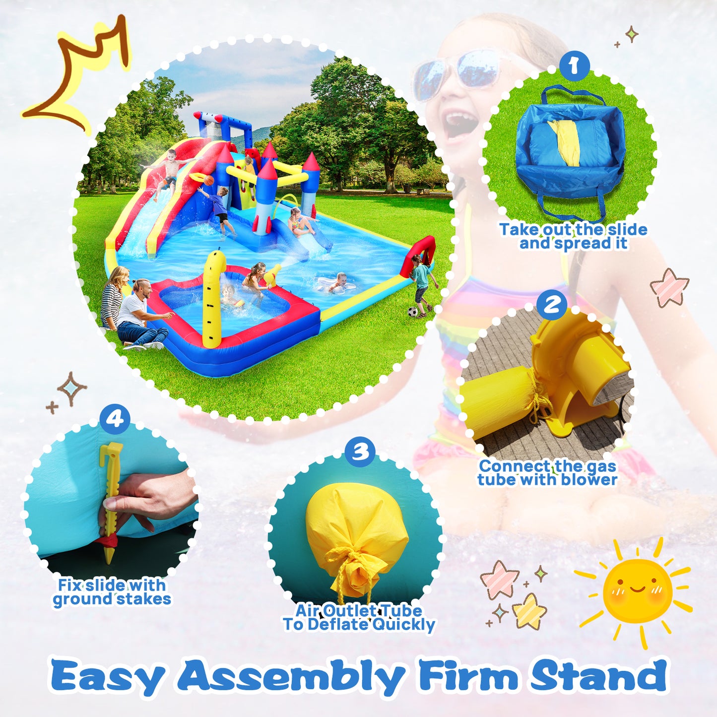 10 in1 Inflatable slide water park  bouncing house garden with splash pool & water gun & basketball & climbing wall & dual pools & soccer