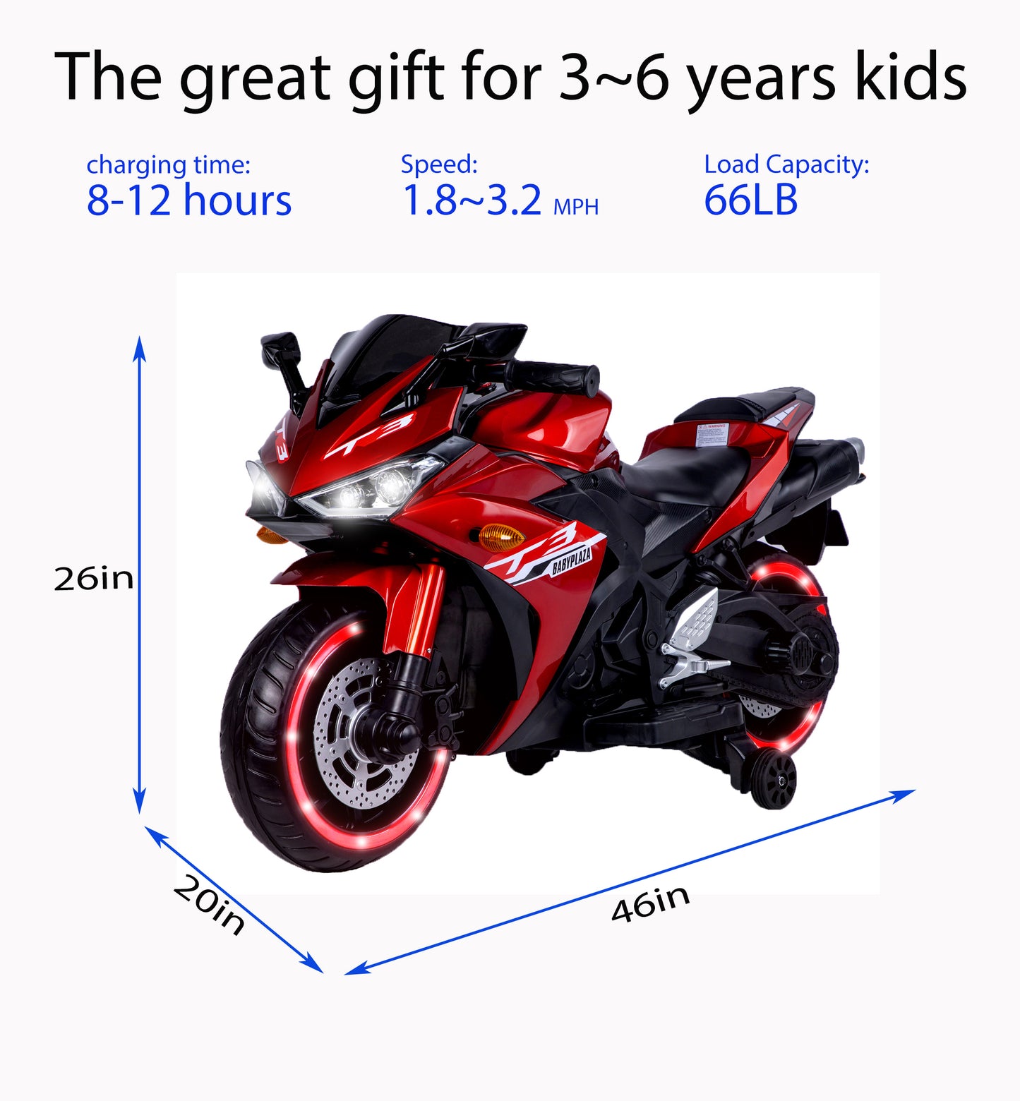 TAMCO kids motorcycle 12V motorcycle for kids 3 4 5 6 years Boys Girls  12v7ah kids motorcycle ride on toy with Training  Wheels/manual throttle/ drive by hand /Lightting  wheels