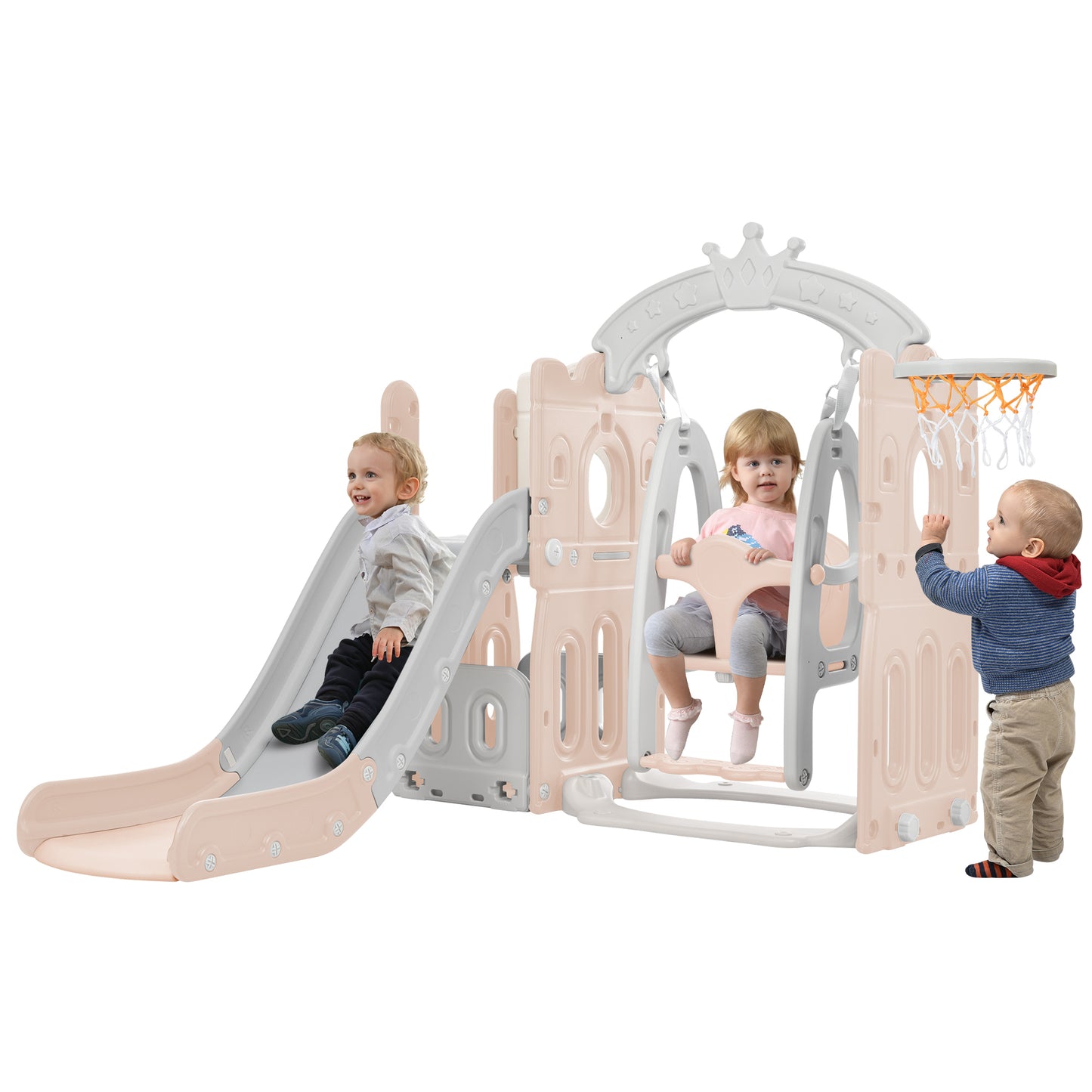 Toddler Slide and Swing Set 5 in 1, Kids Playground Climber Slide Playset with Basketball Hoop Freestanding Combination for Babies Indoor & Outdoor