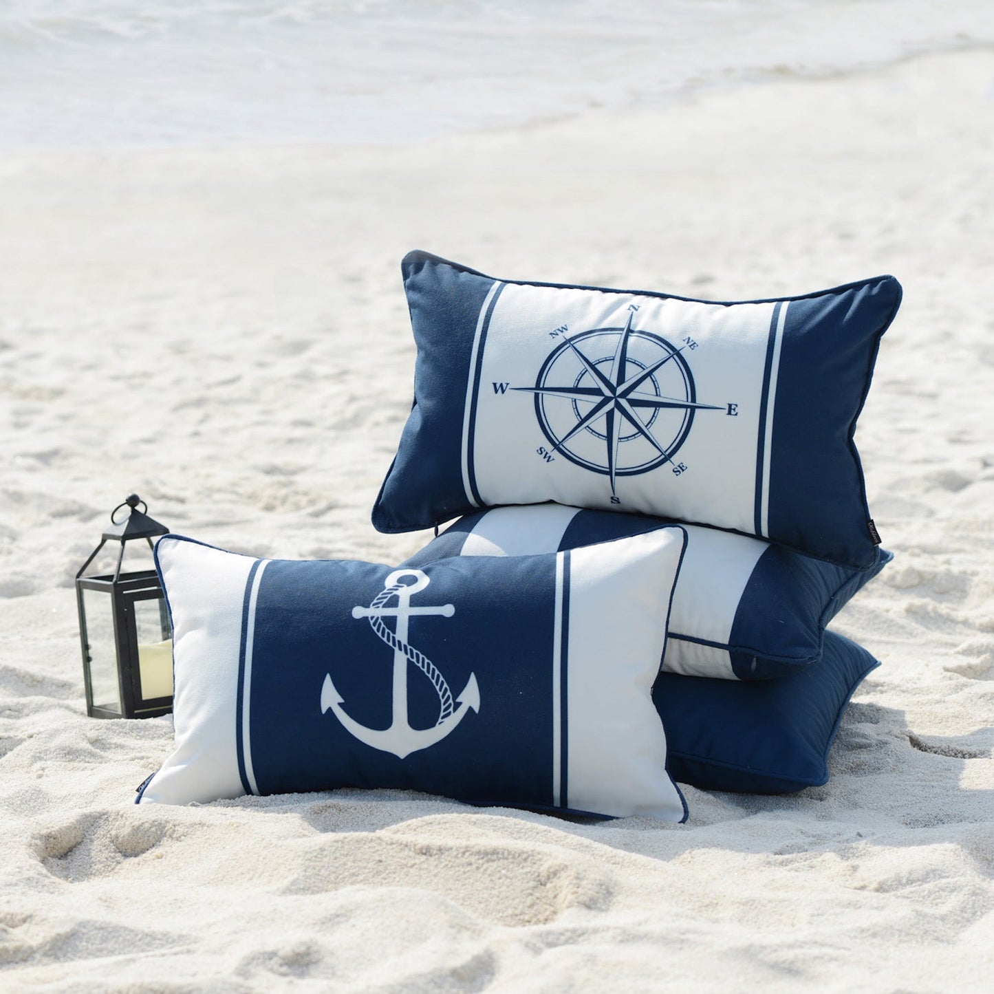 Nautical Outdoor Lumbar Pillow Cover, Compass, Navy Blue, 12"x20"-2