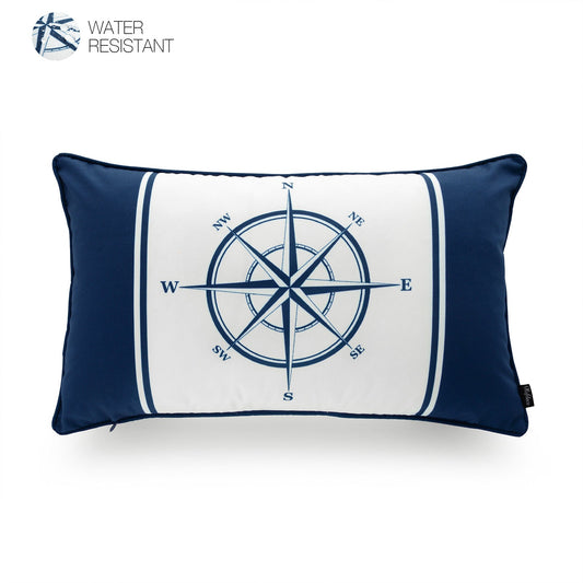 Nautical Outdoor Lumbar Pillow Cover, Compass, Navy Blue, 12"x20"-0