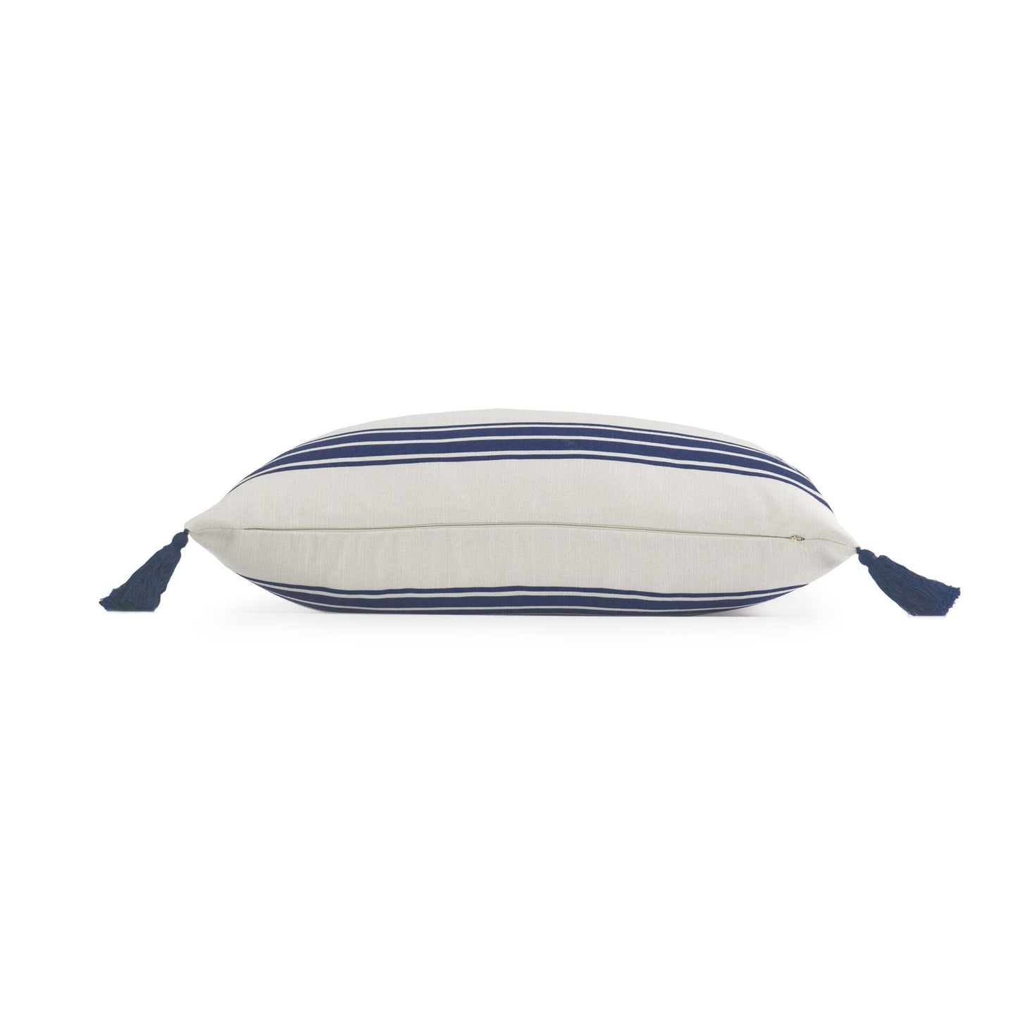 Coastal Indoor Outdoor Lumbar Pillow Cover, Aviv, Stripe Tassel, Navy Blue, 12"x20"-10