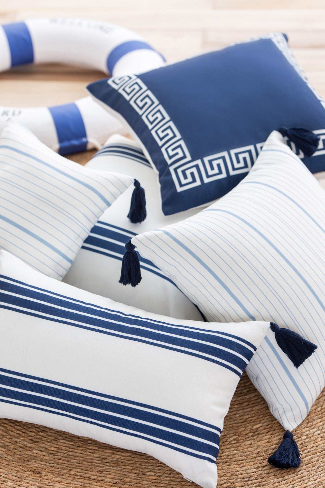 Coastal Indoor Outdoor Lumbar Pillow Cover, Aviv, Stripe Tassel, Navy Blue, 12"x20"-3