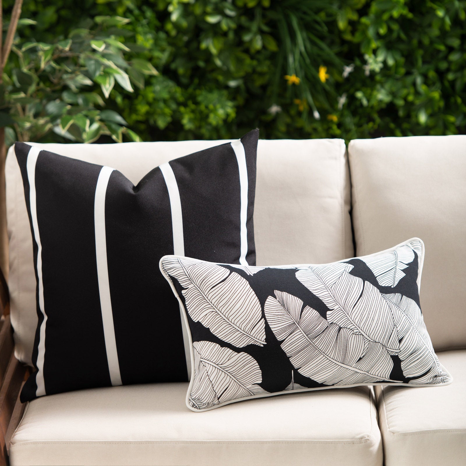 Tropical Outdoor Lumbar Pillow Cover, Black White Palm Leaves, 12"x20"-3