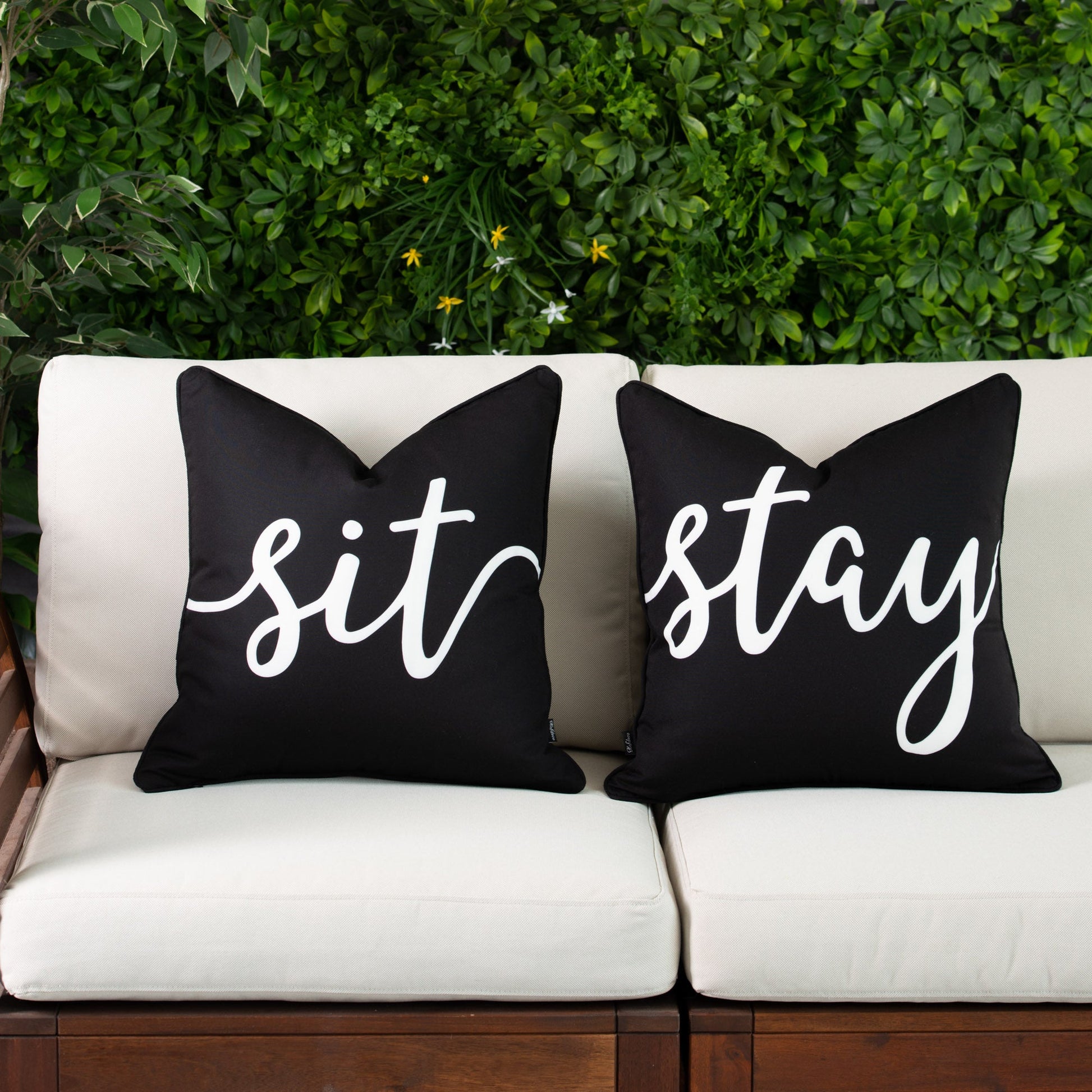 Patio Outdoor Pillow Covers, Sit and Stay, Set of 2, Black, 18"x18"-1