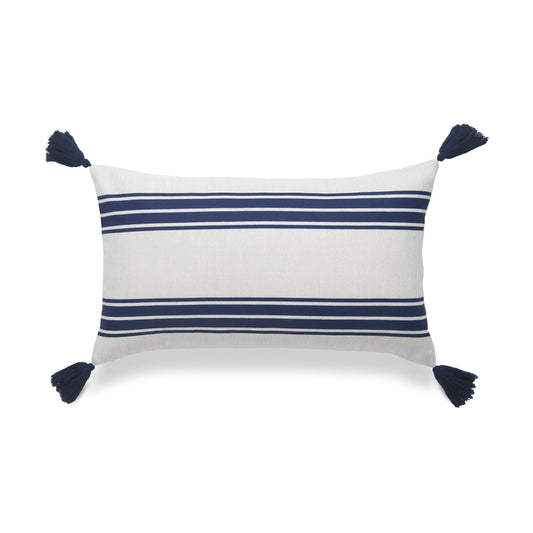 Coastal Indoor Outdoor Lumbar Pillow Cover, Aviv, Stripe Tassel, Navy Blue, 12"x20"-0