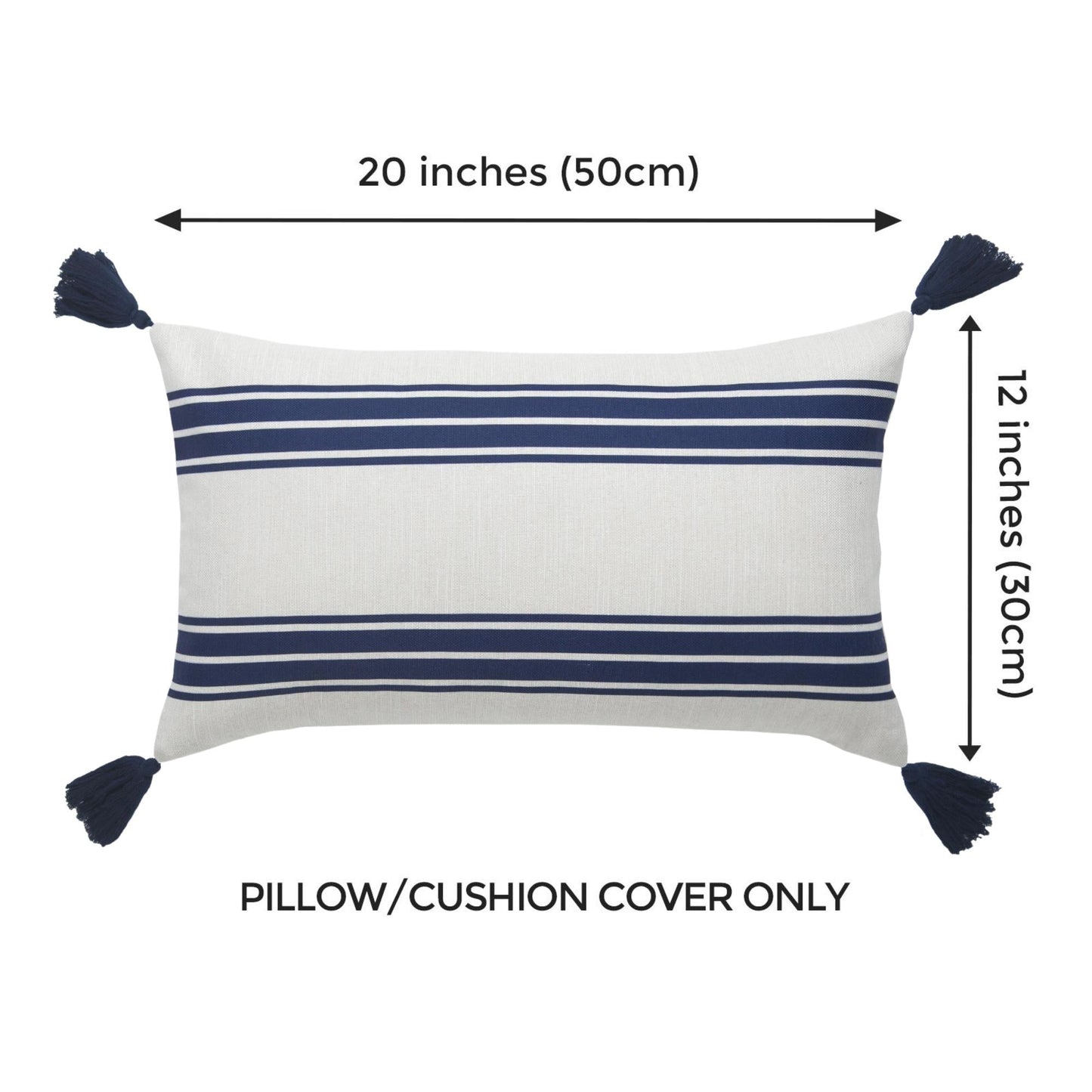 Coastal Indoor Outdoor Lumbar Pillow Cover, Aviv, Stripe Tassel, Navy Blue, 12"x20"-9