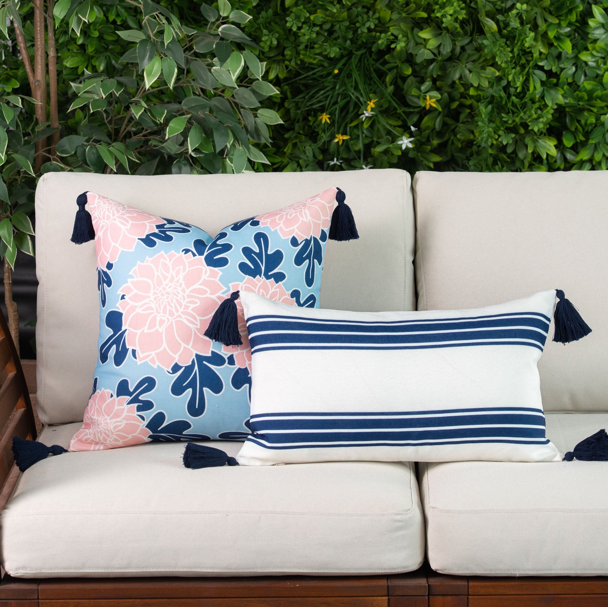 Coastal Indoor Outdoor Lumbar Pillow Cover, Aviv, Stripe Tassel, Navy Blue, 12"x20"-7