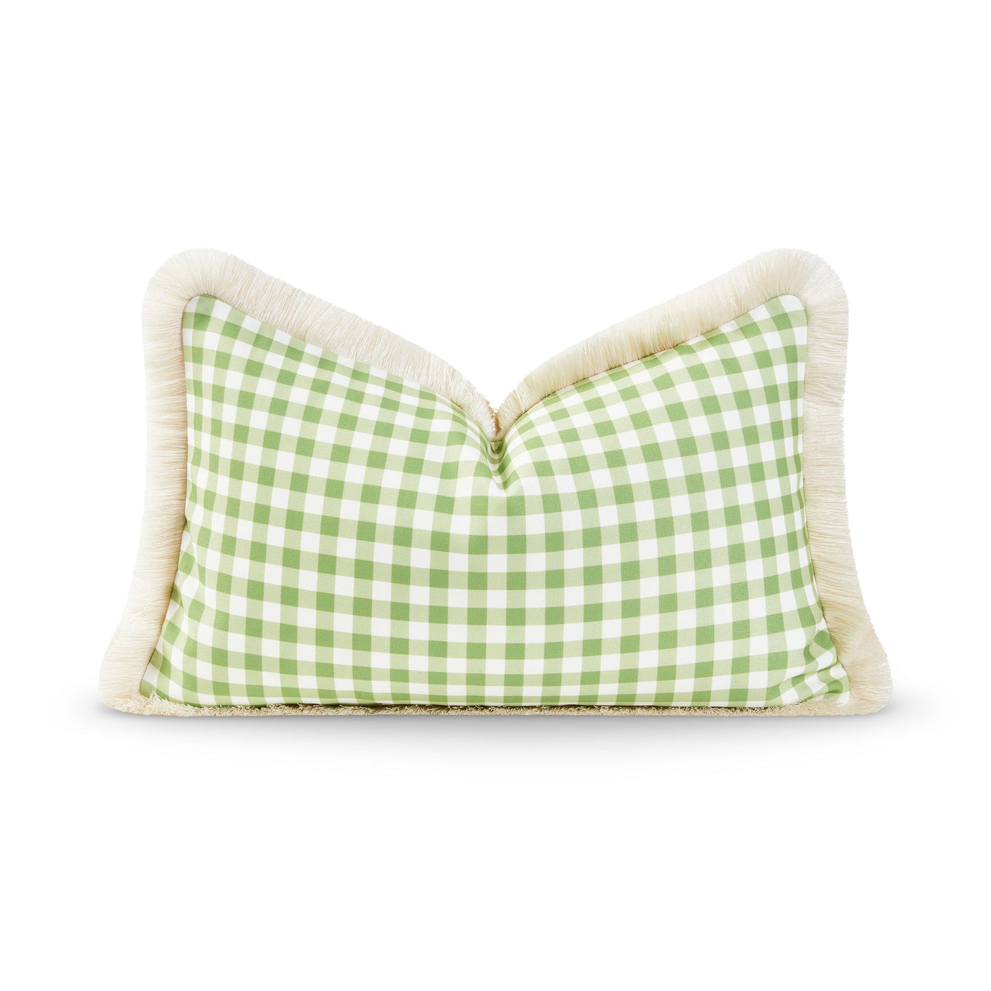 Coastal Indoor Outdoor Lumbar Pillow Cover, Gingham Fringe, Green, 12"x20"-0