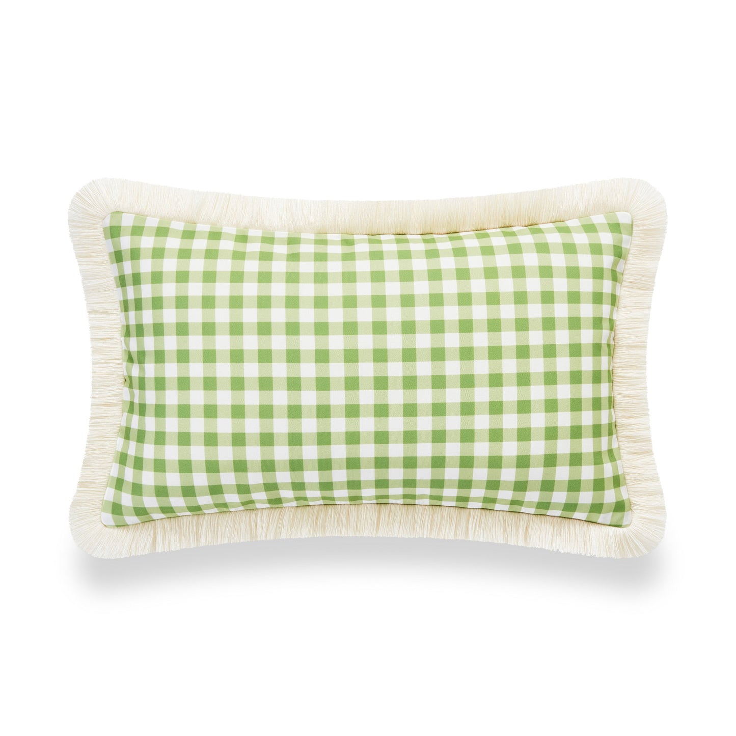 Coastal Indoor Outdoor Lumbar Pillow Cover, Gingham Fringe, Green, 12"x20"-4