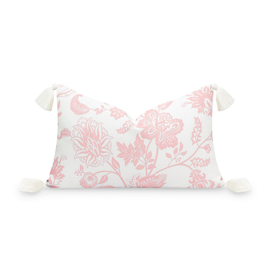 Coastal Indoor Outdoor Lumbar Pillow Cover, Floral Tassel, Blush Pink, 12"x20"-0