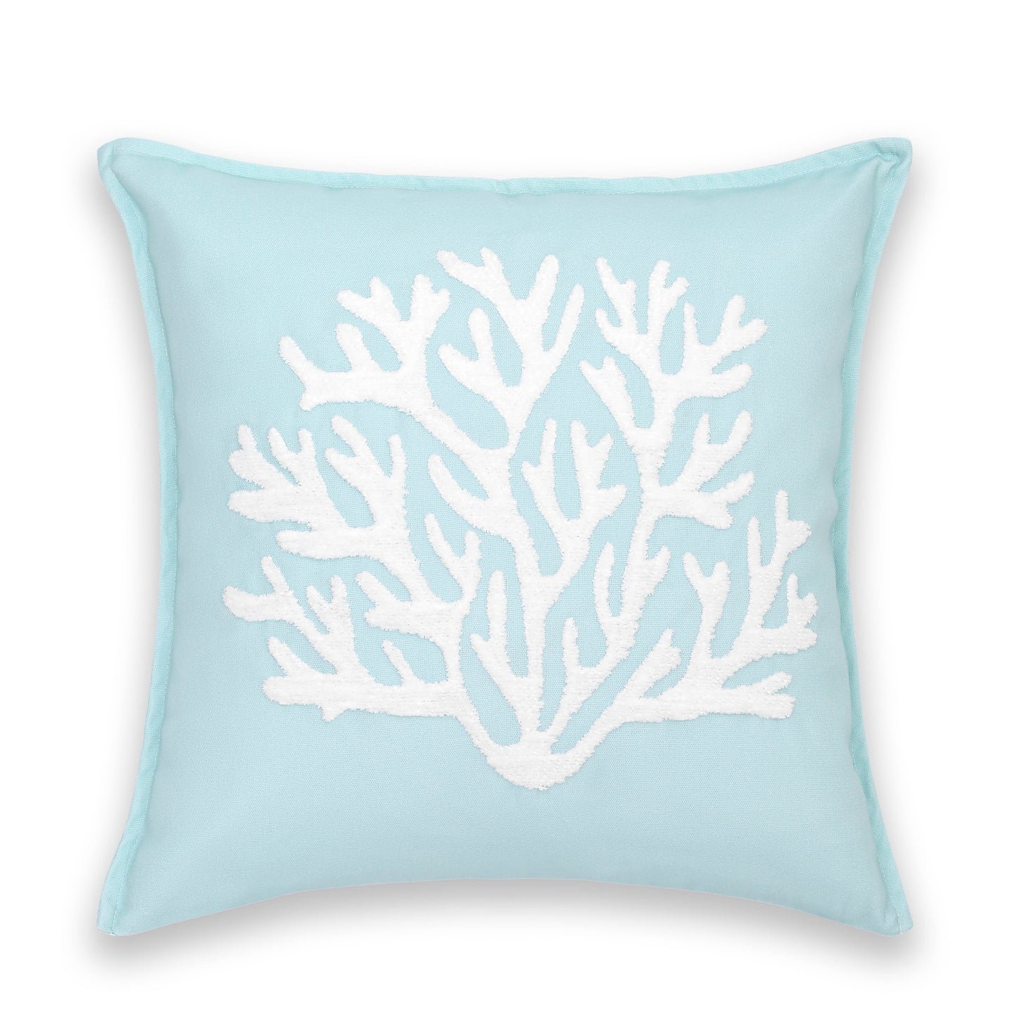 Coastal Indoor Outdoor Pillow Cover, Embroidered Coral, Muted Aqua, 20"x20"-5