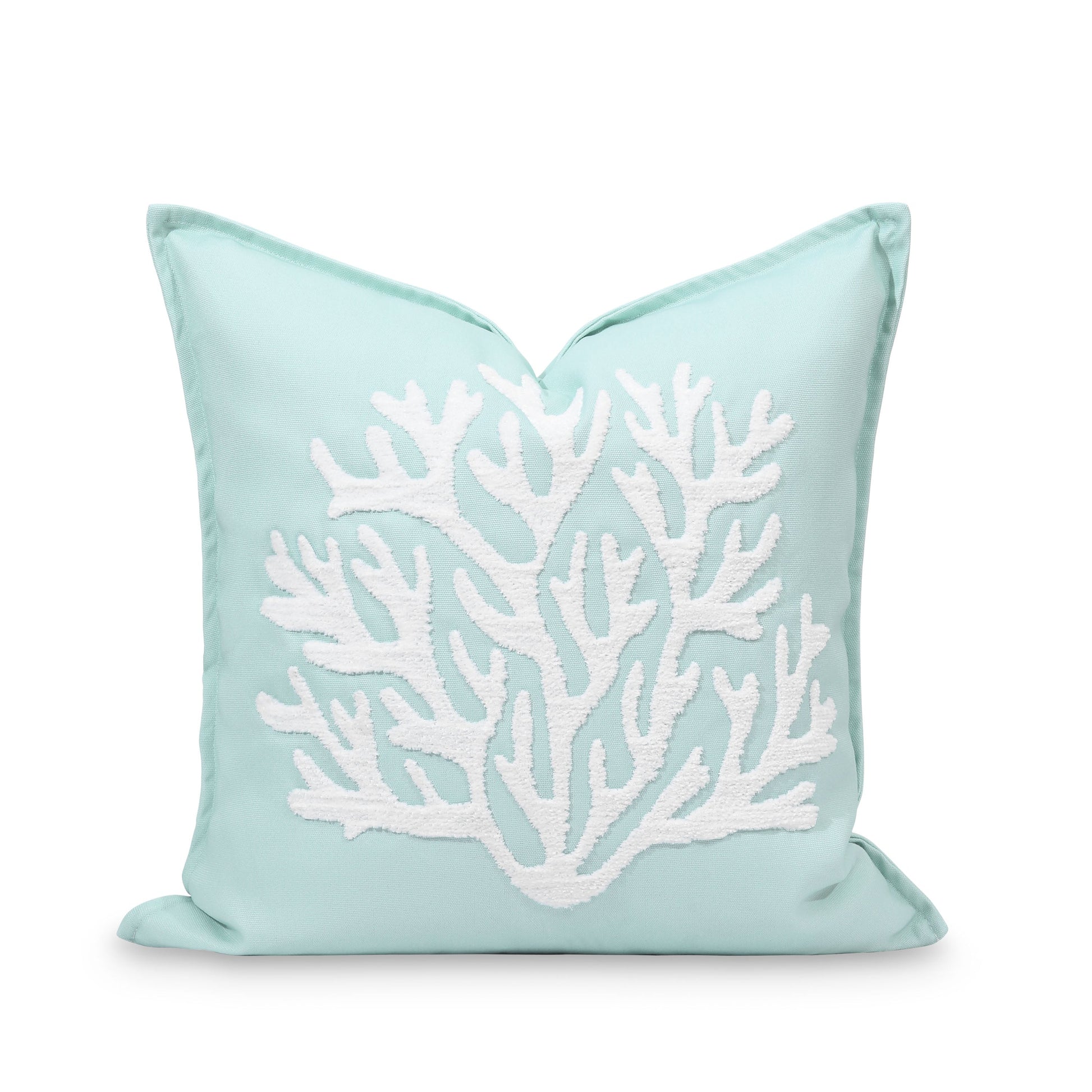 Coastal Indoor Outdoor Pillow Cover, Embroidered Coral, Muted Aqua, 20"x20"-0