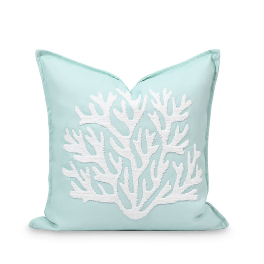 Coastal Indoor Outdoor Pillow Cover, Embroidered Coral, Muted Aqua, 20"x20"-0