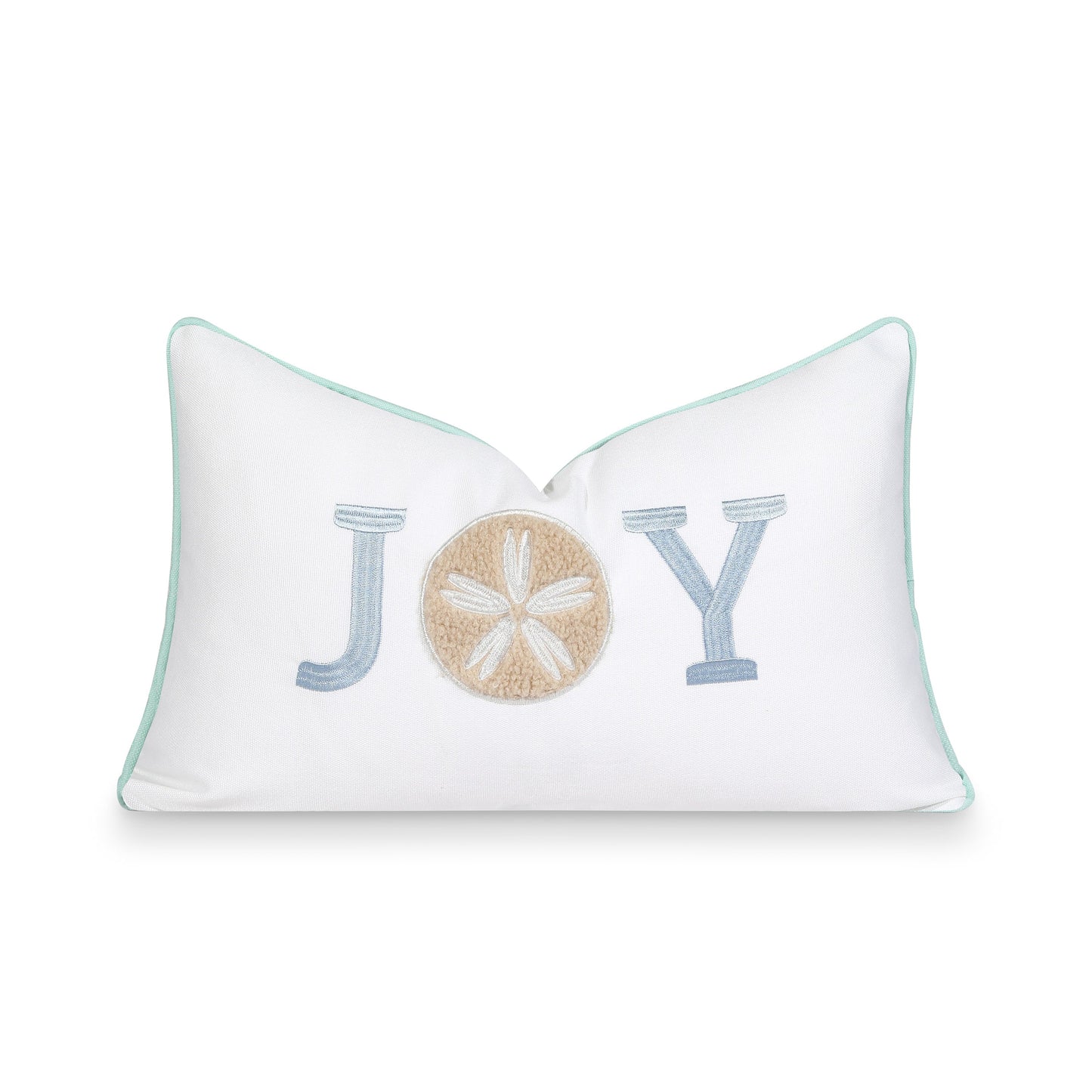 Coastal Christams Indoor Outdoor Lumbar Pillow Cover, Embroidered Joy, Baby Blue, 12"x20"-0