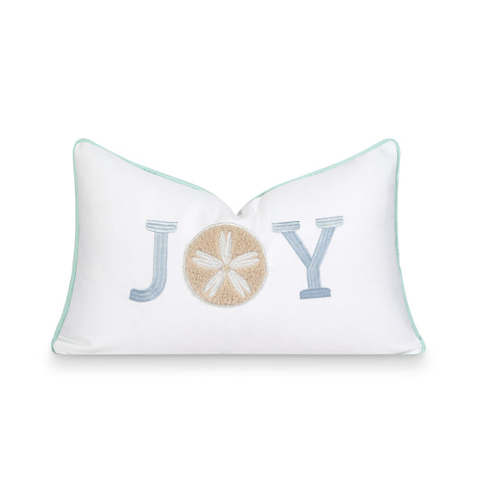 Coastal Christams Indoor Outdoor Lumbar Pillow Cover, Embroidered Joy, Baby Blue, 12"x20"-0