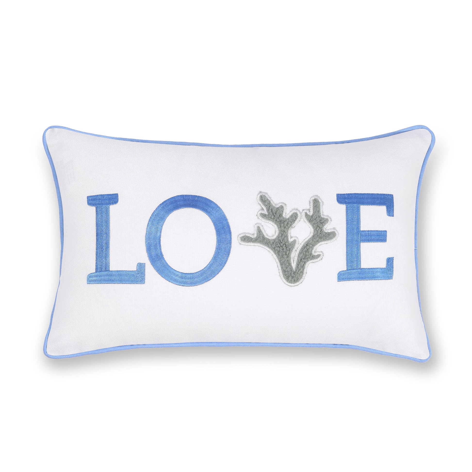 Coastal Christams Indoor Outdoor Lumbar Pillow Cover, Embroidered Love, Cornflower Blue, 12"x20"-5