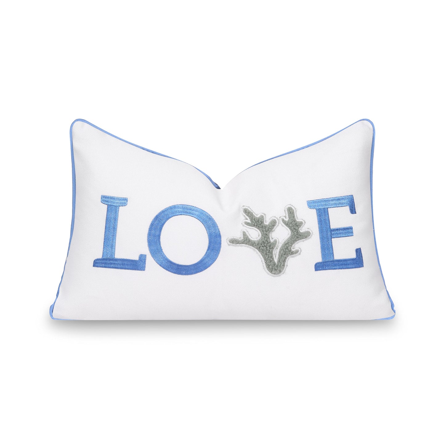 Coastal Christams Indoor Outdoor Lumbar Pillow Cover, Embroidered Love, Cornflower Blue, 12"x20"-0