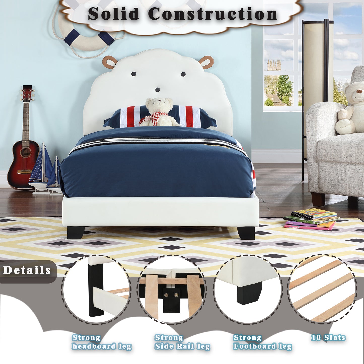 Upholstered Twin Size Platform Bed for Kids, with Slatted Bed Base, No Box Spring Needed, White color, Sheep Design