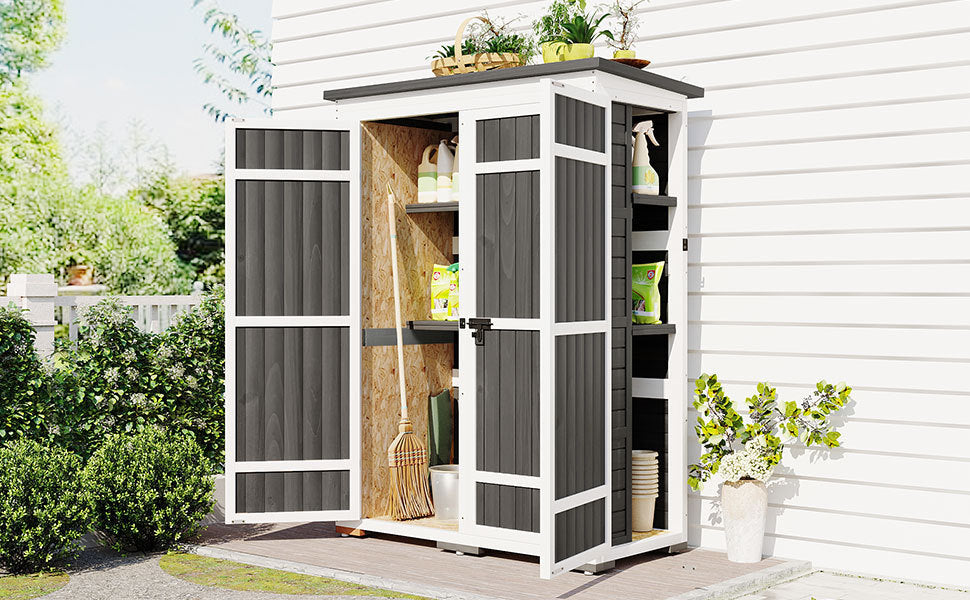 [Video Provided] TOPMAX Outdoor 5.5ft Hx4.1ft L Wood Storage Shed, Garden Tool Cabinet with Waterproof Asphalt Roof, Four Lockable Doors, Multiple-tier Shelves, White and Gray