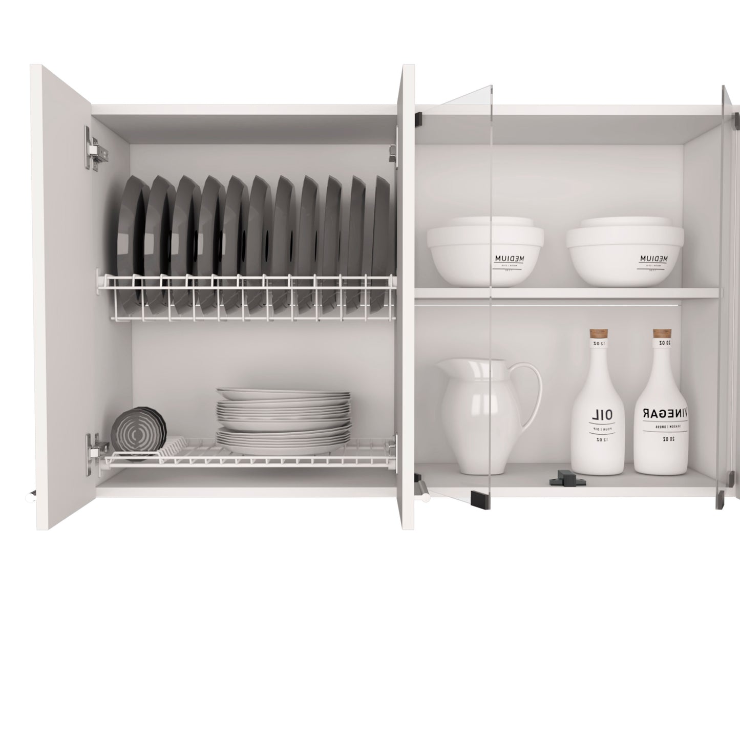 Wall cabinet 24" H, four Doors, with two internal Shelves and internal plate and glass organizer, two Storage Shelves with two glass Doors, White