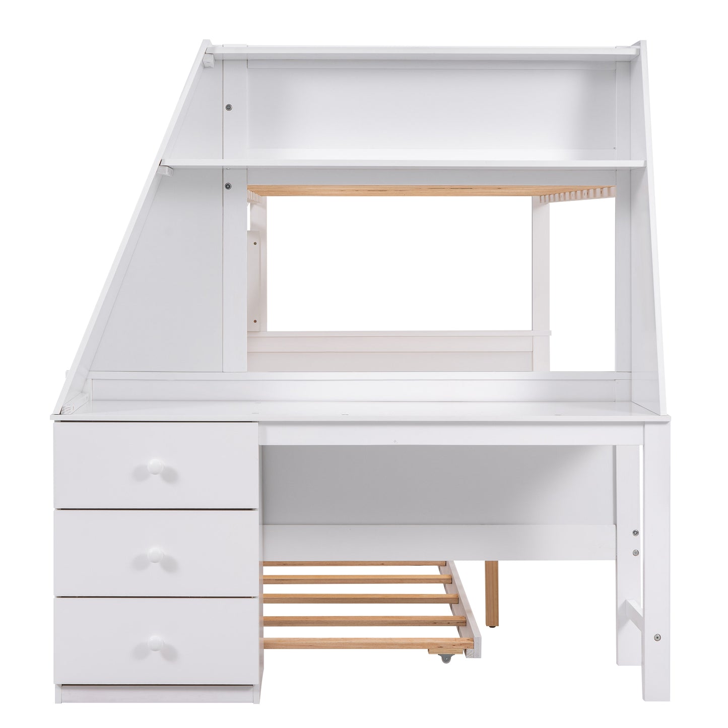 Twin over Full Bunk Bed with Trundle and Built-in Desk, Three Storage Drawers and Shelf,White