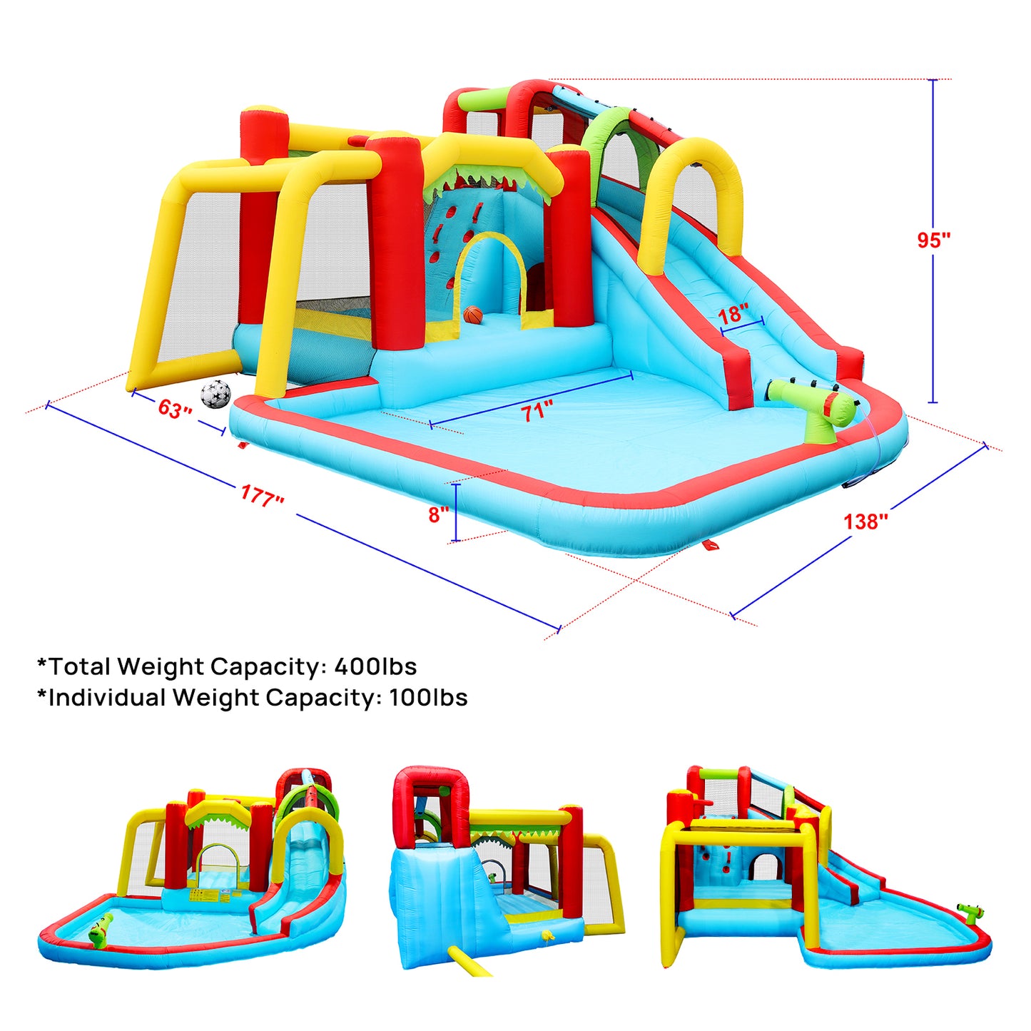 7 in1 Inflatable slide water park bouncing house outdoor Soccer garden bouncer with Splash pool  & Water gun & Climbing wall & Basketball & Football