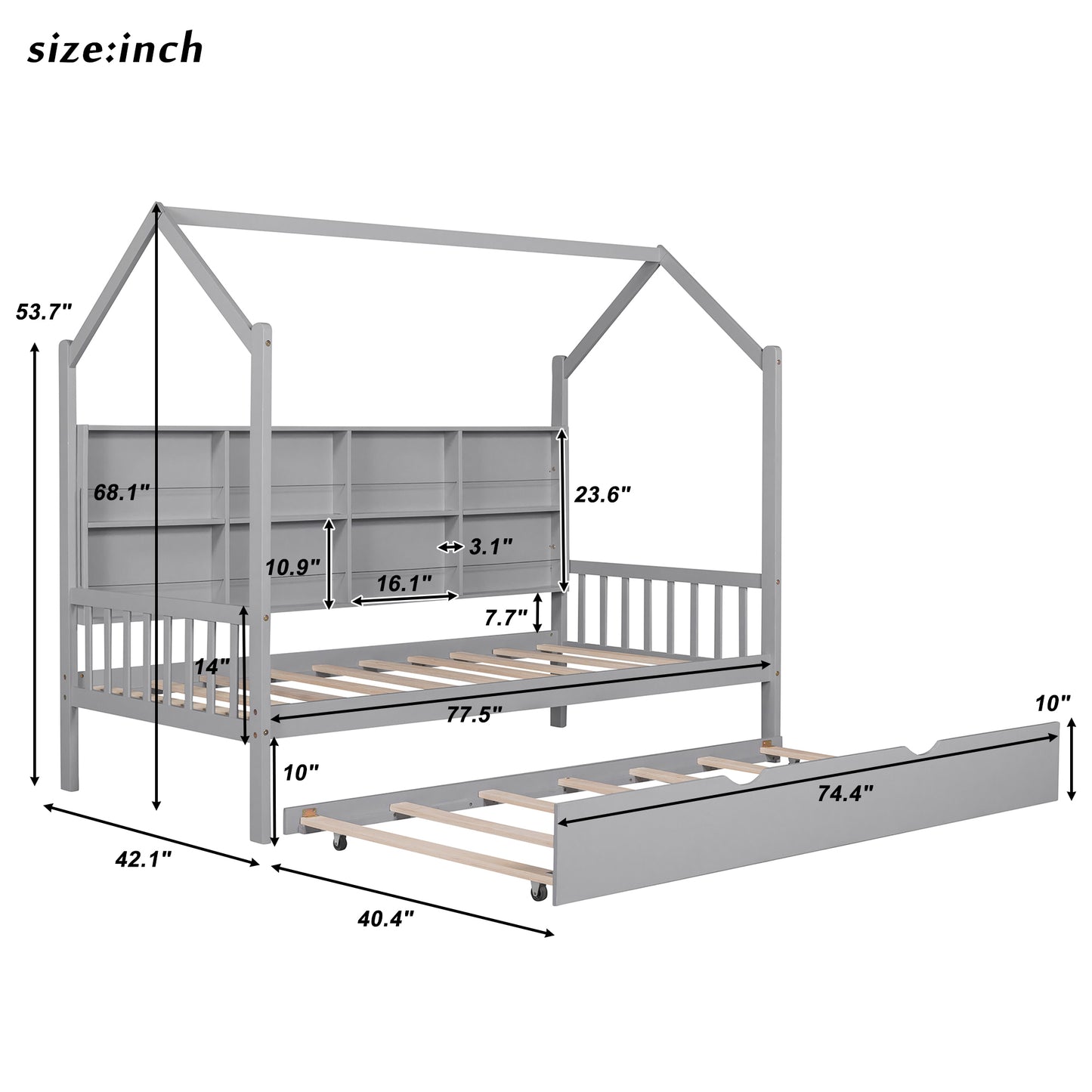 Wooden Twin Size House Bed with Trundle,Kids Bed with Shelf, Gray