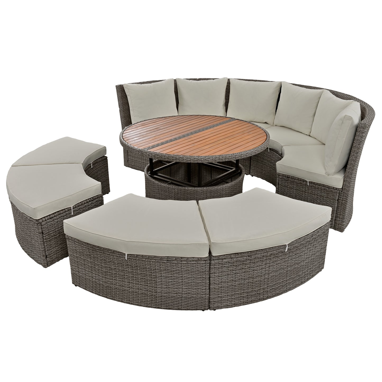 TOPMAX Patio 5-Piece Round Rattan Sectional Sofa Set All-Weather PE Wicker Sunbed Daybed with Round Liftable Table and Washable Cushions for Outdoor Backyard Poolside, Gray