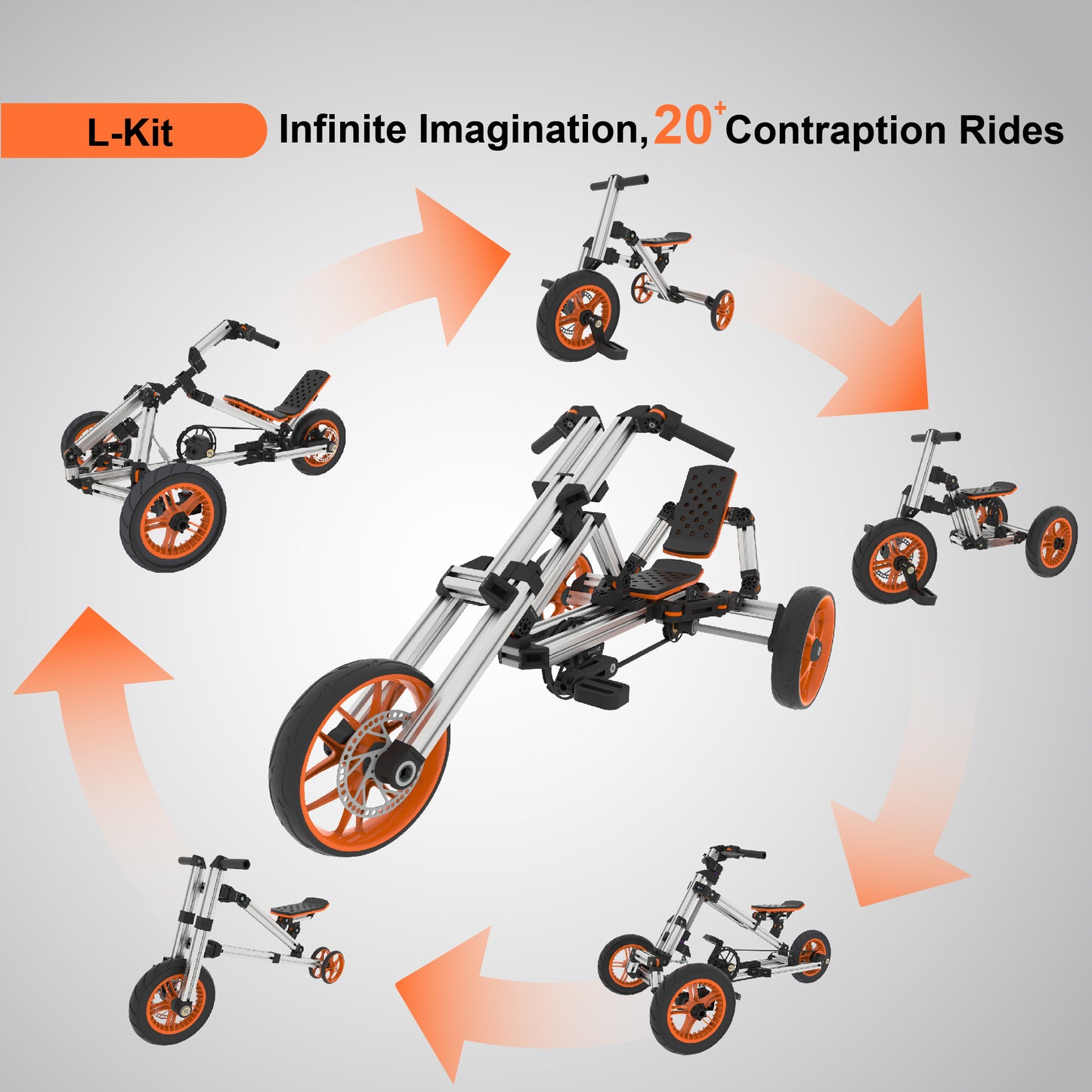 KidRock Buildable Kit 20 in 1 Kids Go Kart Set, Suitable for 1 to 8 Years Old, Two Wheel Bike, Three Wheel Bike, Go Kart, Sit/Stand Scooter, etc. Most Popular L Kit (Non Electric)