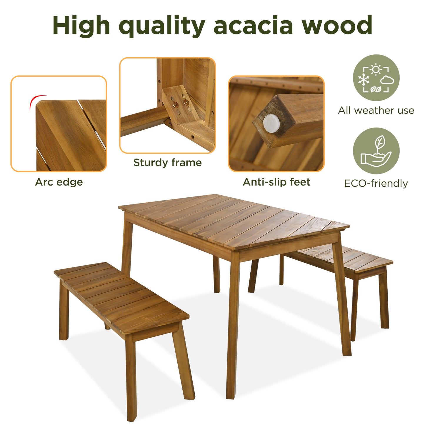 GO 3 Pieces Acacia Wood Table Bench Dining Set For Outdoor & Indoor Furniture With 2 Benches, Picnic Beer Table for Patio, Porch, Garden, Poolside, Natural