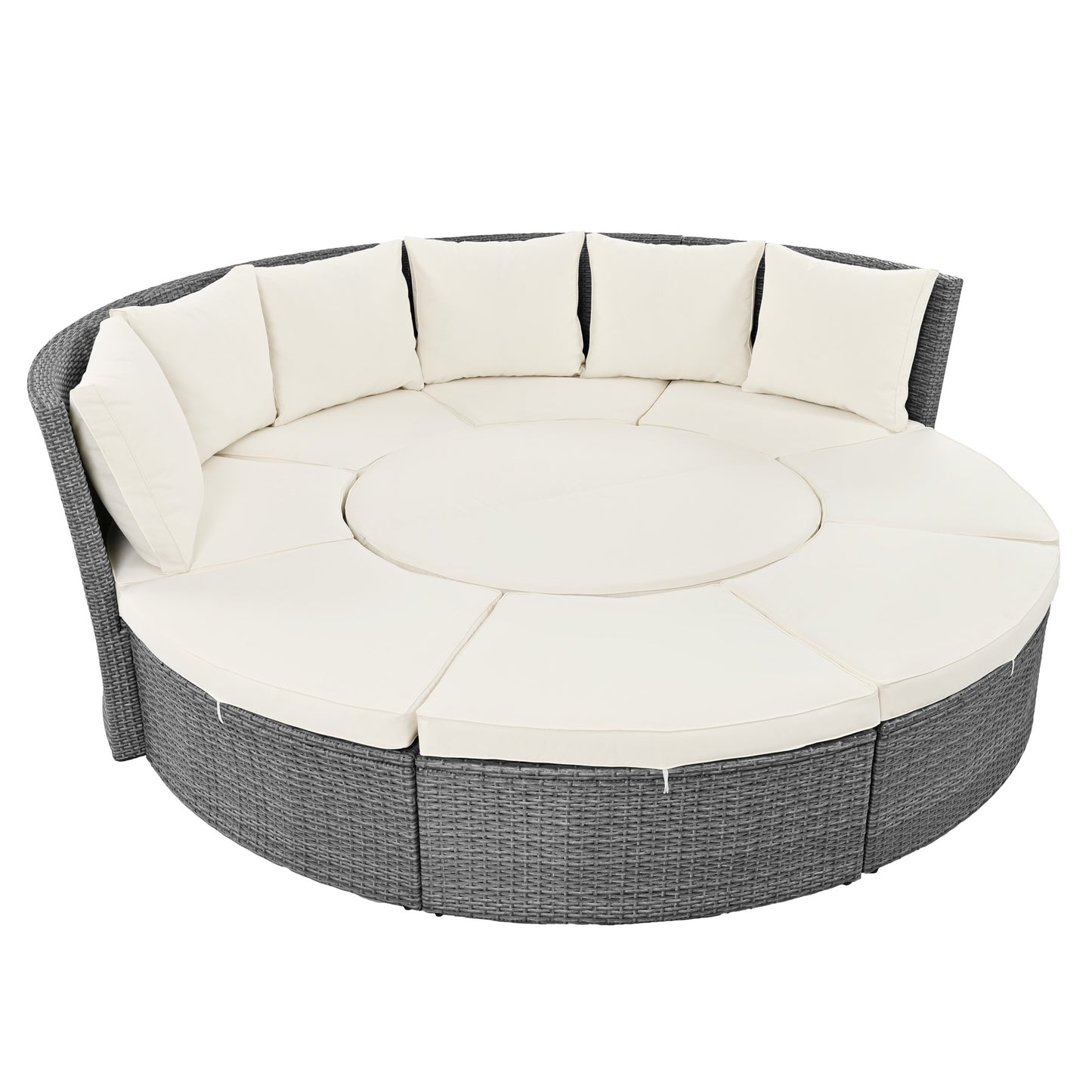 TOPMAX Patio 5-Piece Round Rattan Sectional Sofa Set All-Weather PE Wicker Sunbed Daybed with Round Liftable Table and Washable Cushions for Outdoor Backyard Poolside, Beige