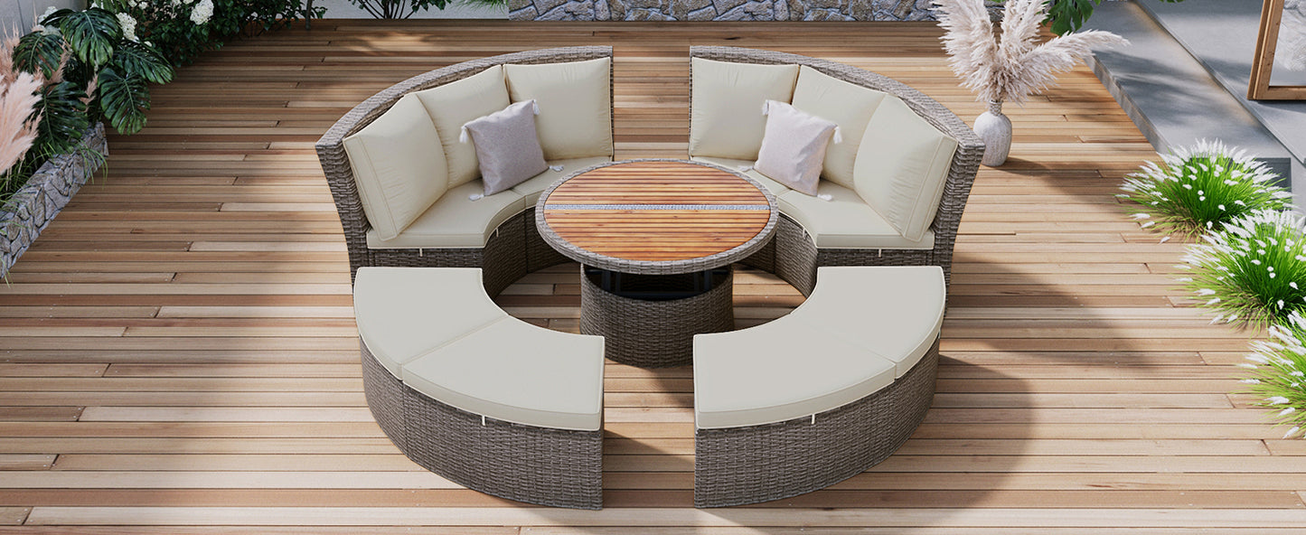 TOPMAX Patio 5-Piece Round Rattan Sectional Sofa Set All-Weather PE Wicker Sunbed Daybed with Round Liftable Table and Washable Cushions for Outdoor Backyard Poolside, Gray