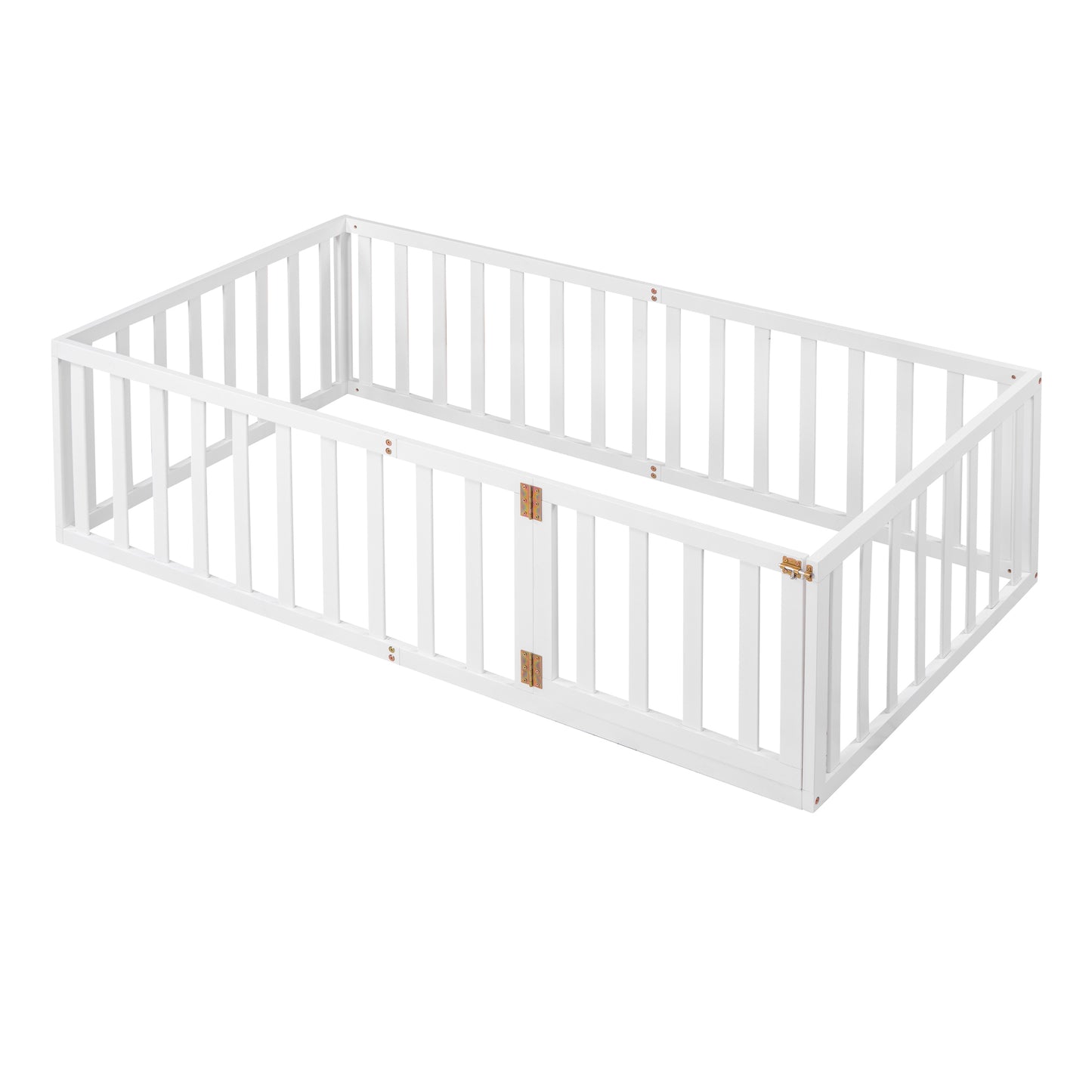 Twin Size Wood Floor Bed Frame with Fence and Door, White(OLD SKU :WF289661AAK)