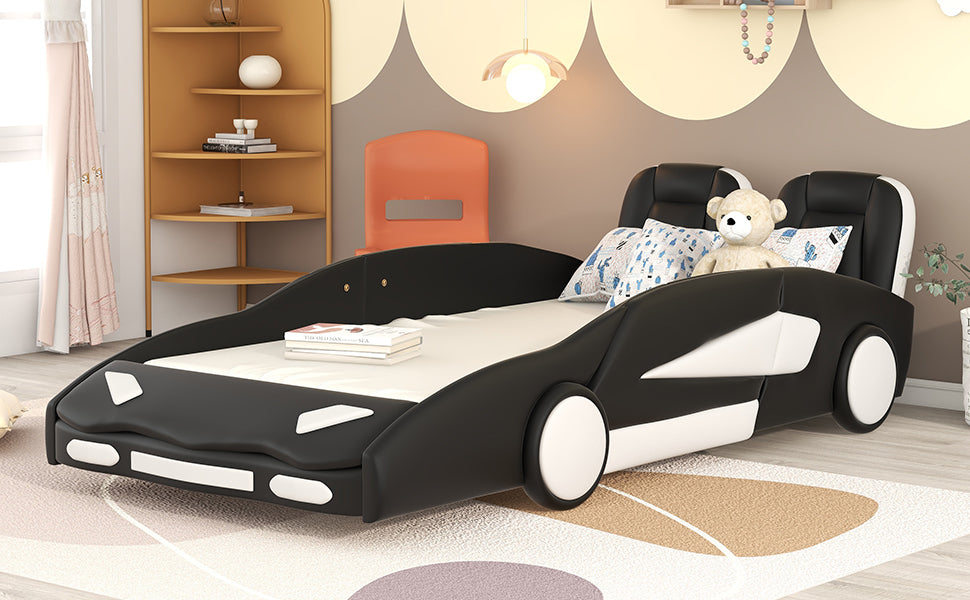 Twin Size Race Car-Shaped Platform Bed with Wheels, Black