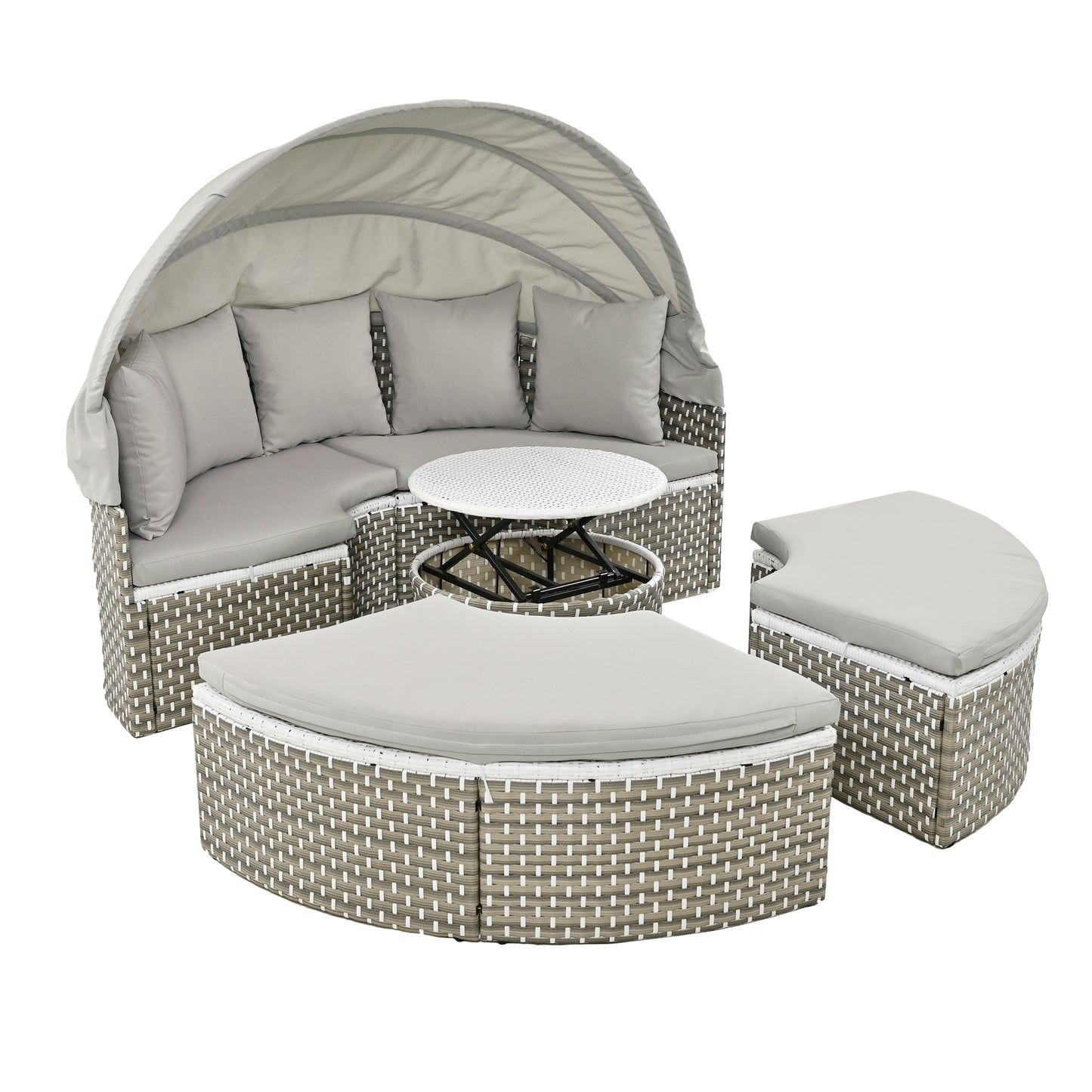 TOPMAX Patio Furniture Round Outdoor Sectional Sofa Set Rattan Daybed Two-Tone Weave Sunbed with Retractable Canopy, Separate Seating and Removable Cushion, Gray