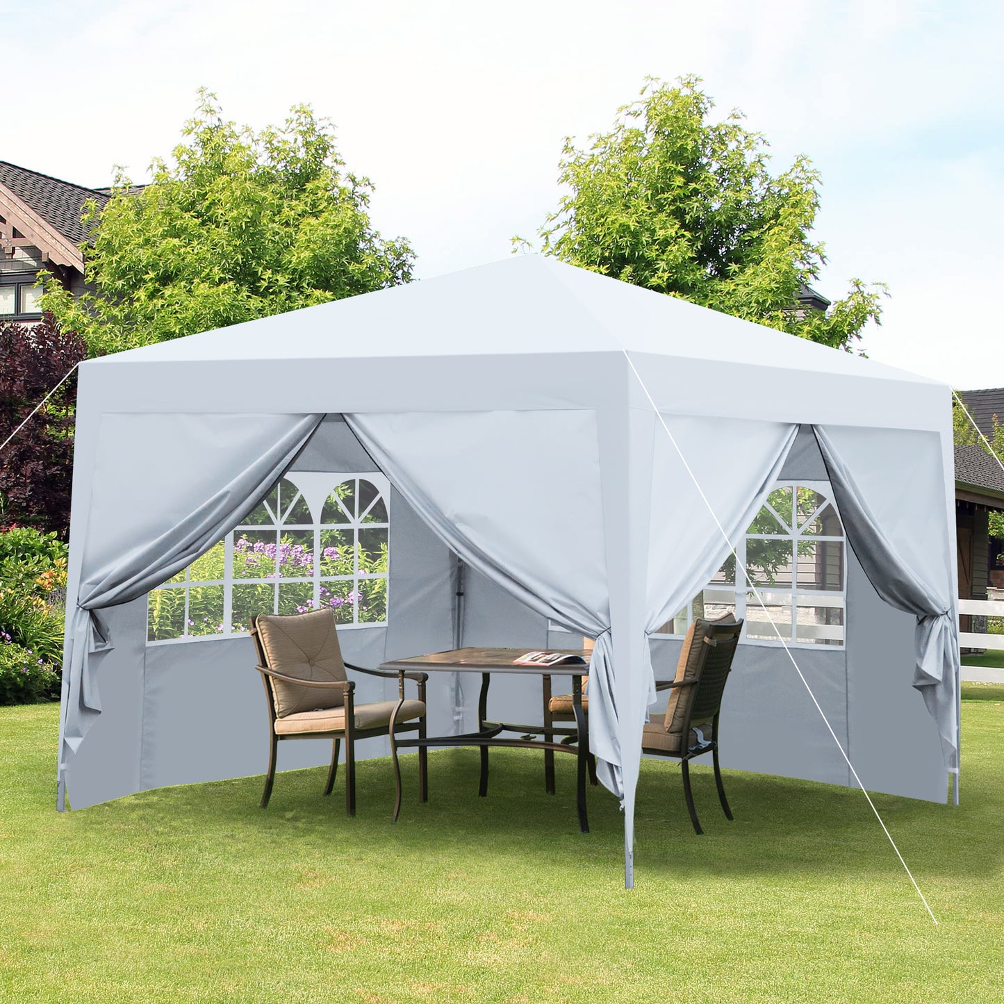 Outdoor 10x 10Ft Pop Up Gazebo Canopy Tent Removable Sidewall with Zipper,2pcs Sidewall with Windows,with 4pcs Weight sand bag,with Carry Bag,White