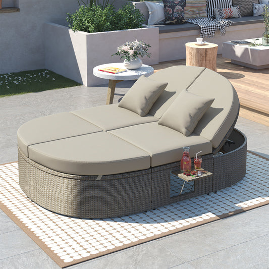 TOPMAX Outdoor Sun Bed Patio 2-Person Daybed with Cushions and Pillows, Rattan Garden Reclining Chaise Lounge with Adjustable Backrests and Foldable Cup Trays for Lawn,Poolside, Gray