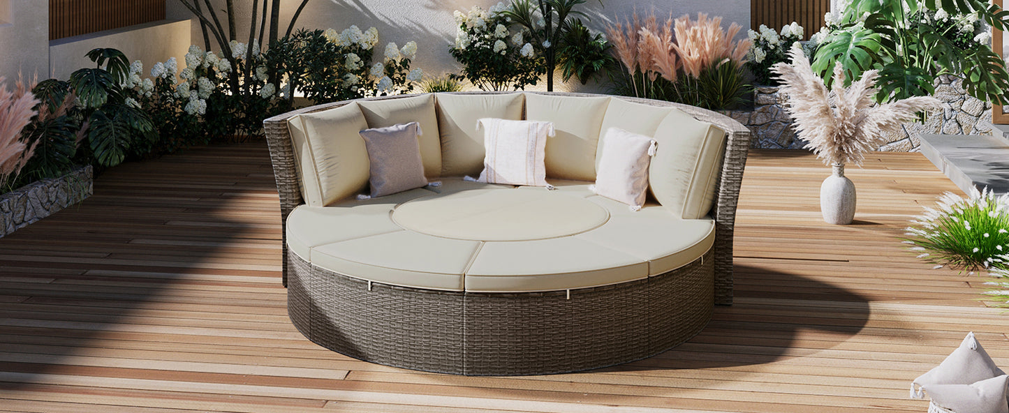 TOPMAX Patio 5-Piece Round Rattan Sectional Sofa Set All-Weather PE Wicker Sunbed Daybed with Round Liftable Table and Washable Cushions for Outdoor Backyard Poolside, Gray