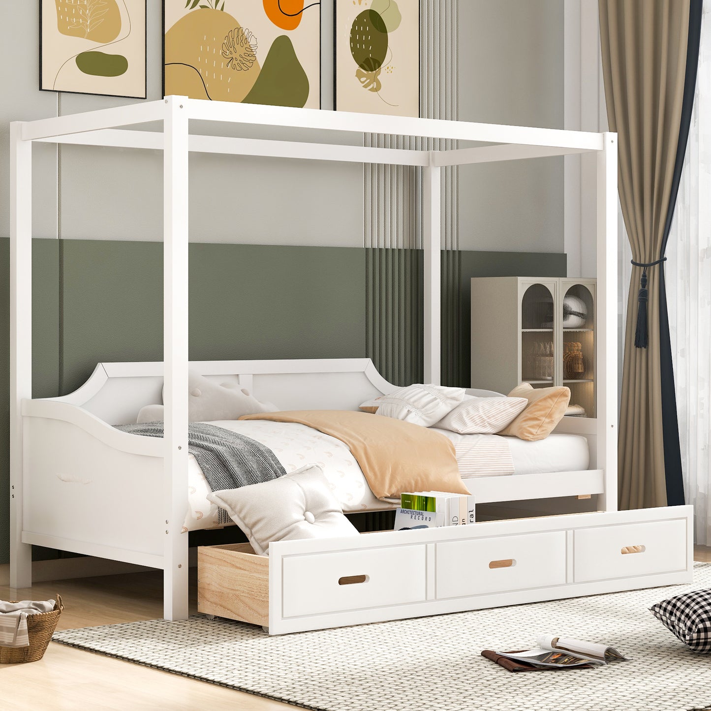 Twin Size Wooden Canopy Daybed with 3 in 1 Storage Drawers,White