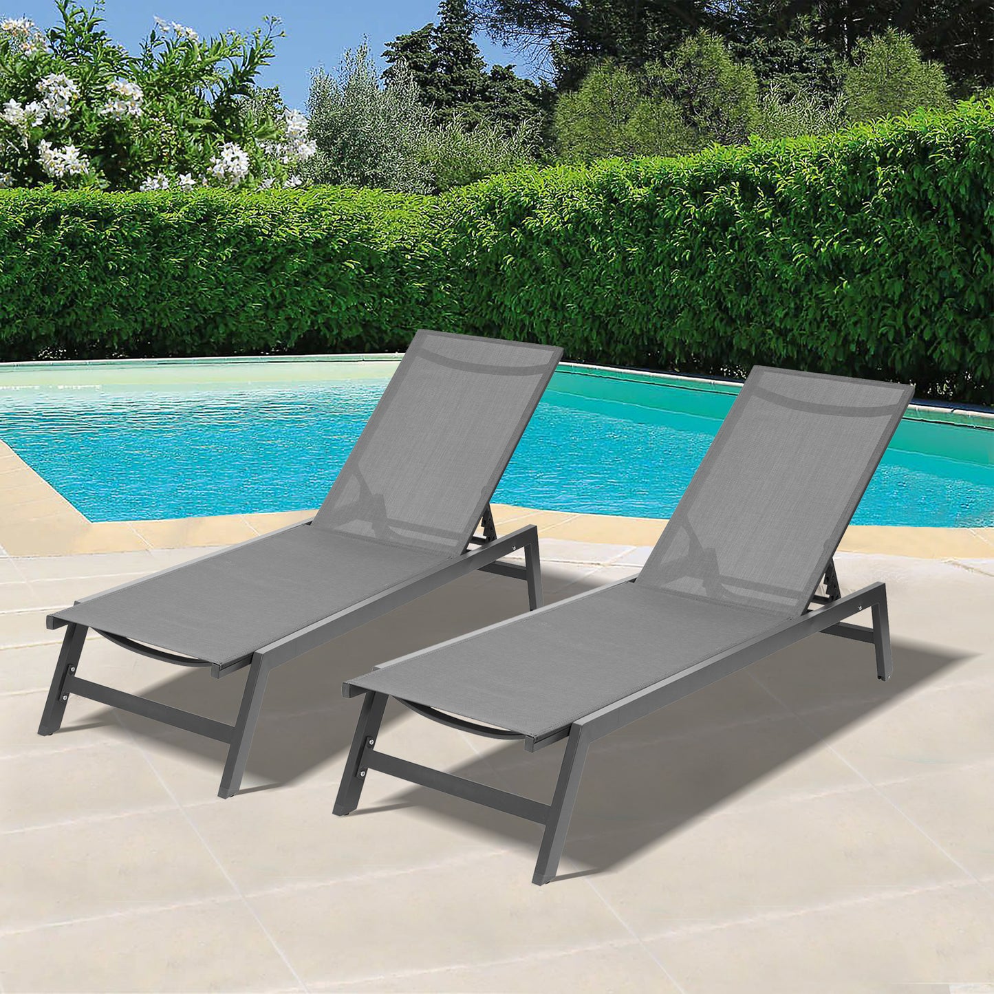 Outdoor Chaise Lounge Chair Set With Cushions, Five-Position Adjustable Aluminum Recliner,All Weather For Patio,Beach,Yard, Pool