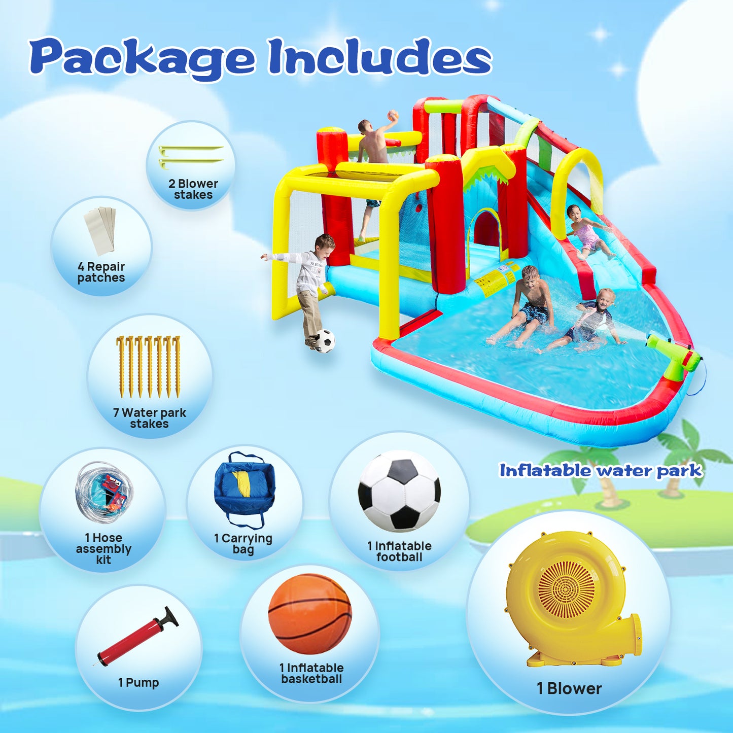 7 in1 Inflatable slide water park bouncing house outdoor Soccer garden bouncer with Splash pool  & Water gun & Climbing wall & Basketball & Football