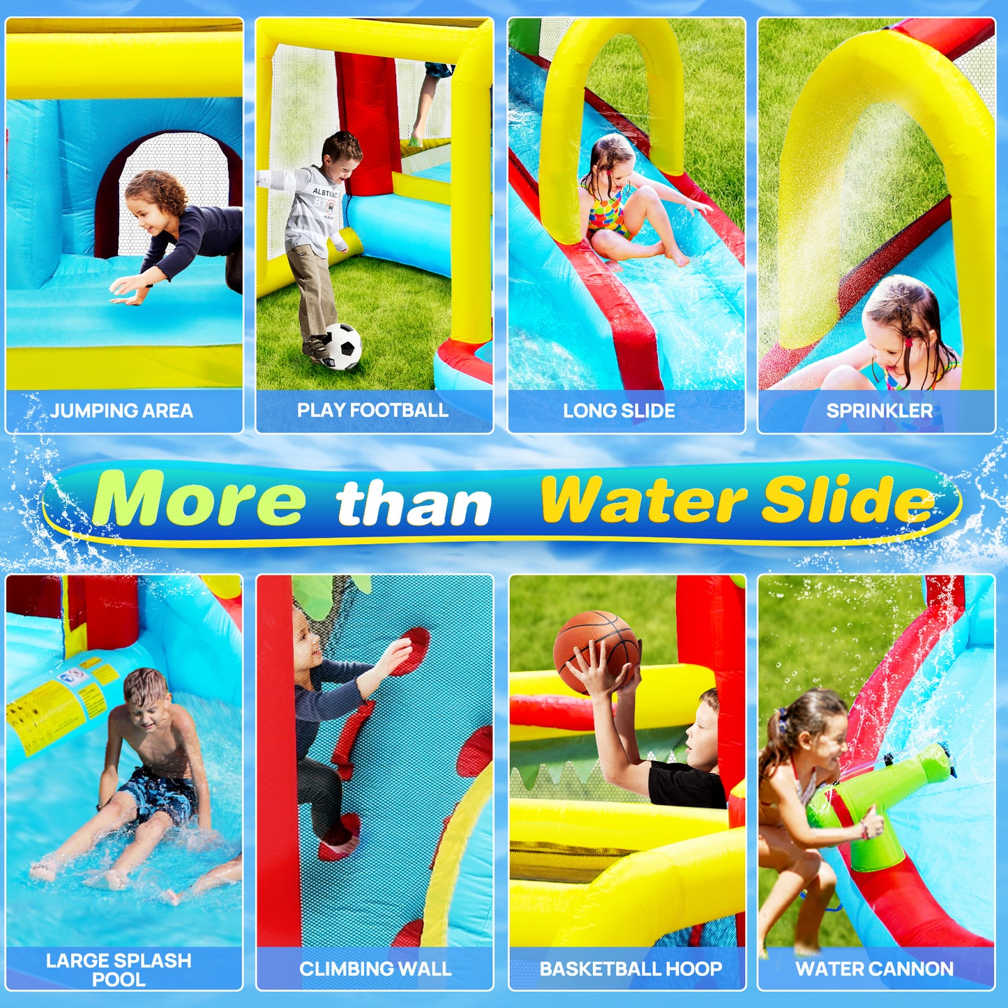 7 in1 Inflatable slide water park bouncing house outdoor Soccer garden bouncer with Splash pool  & Water gun & Climbing wall & Basketball & Football