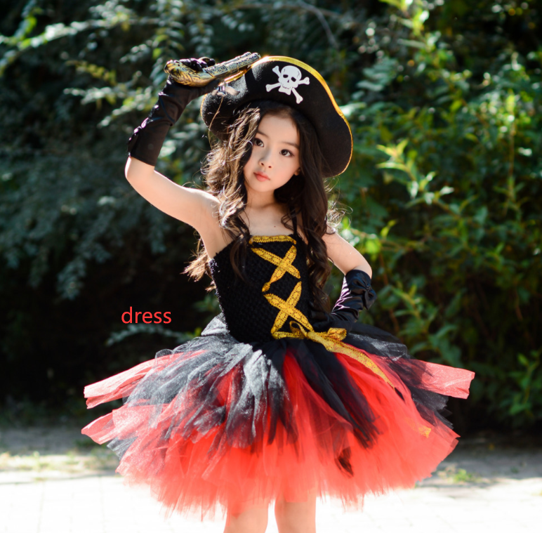 Size: 140cm, Color: Dress - girl''s Halloween Dress Suit cos pirate costume