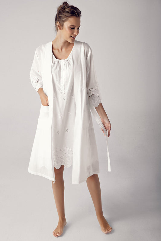 Shopymommy 10402 Cotton Weaving Maternity & Nursing Nightgown With Robe Ecru-0