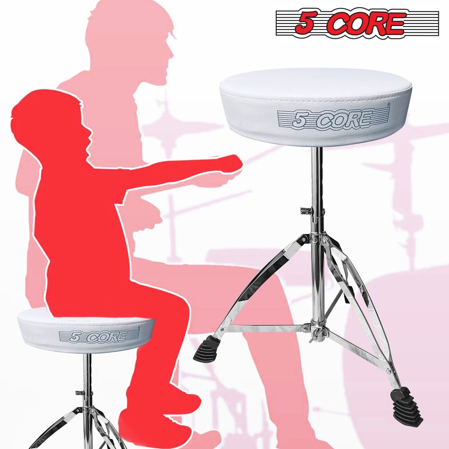 5Core Drum Throne Guitar Stool Thick Padded Drummers Chair Piano Seat Chrome White-15