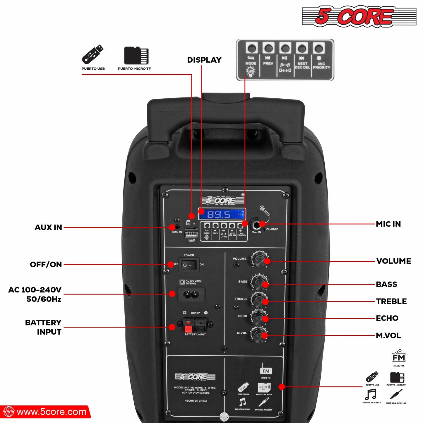 5 Core DJ Speakers 8" Rechargeable Powered PA System 250W Loud Speaker - Active Home 8 2-MIC-2