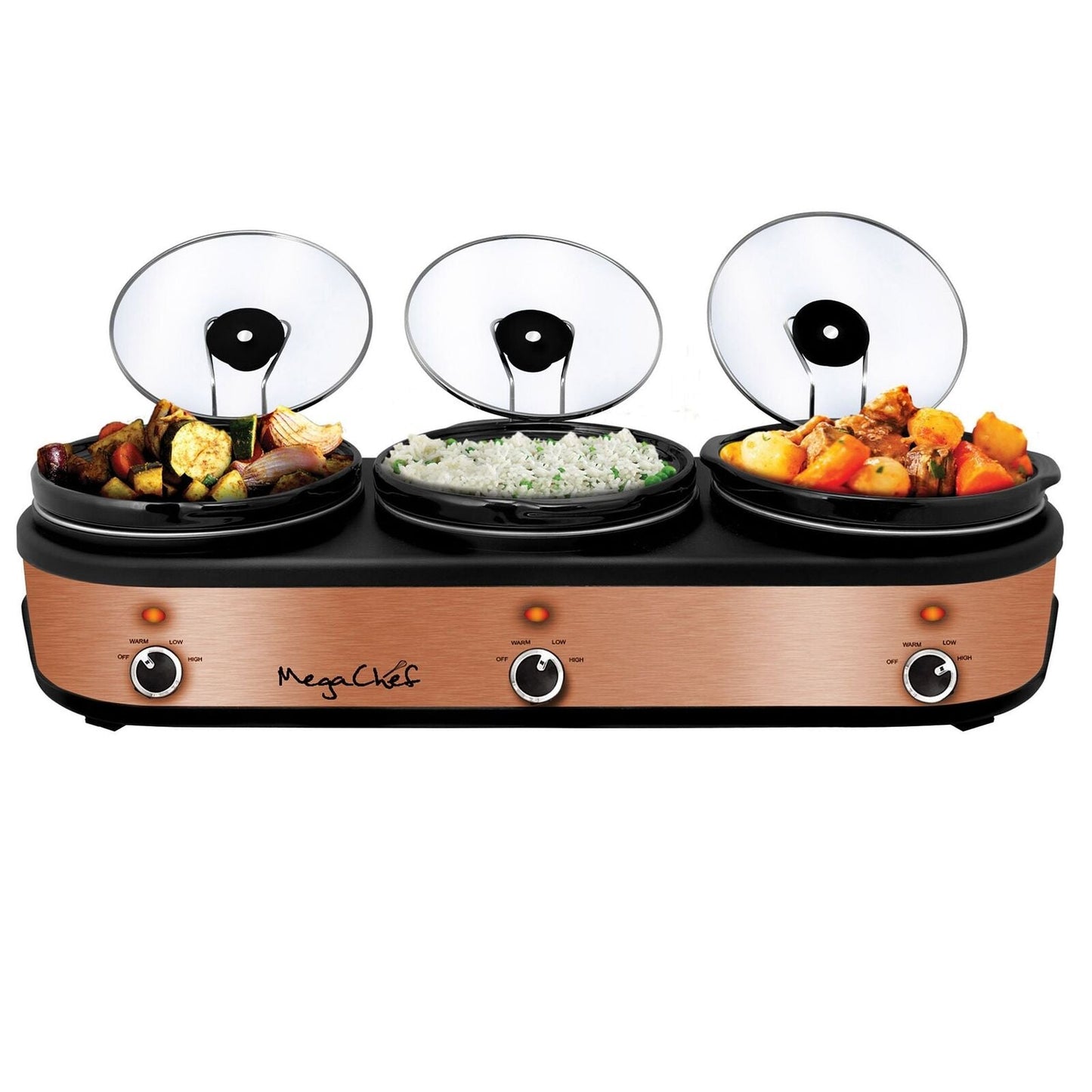 MegaChef Triple 2.5 Quart Slow Cooker and Buffet Server in Brushed Copper and B