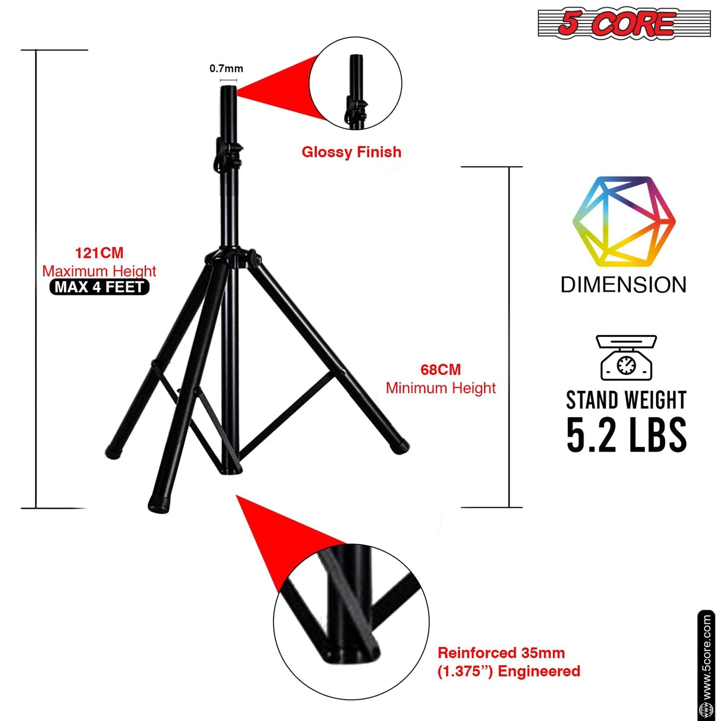 5 Core Speaker Stand Tripod Floor Adjustable Up to 48 Inch DJ Studio Monitor Stands Pole Mount Pair BLACK-1