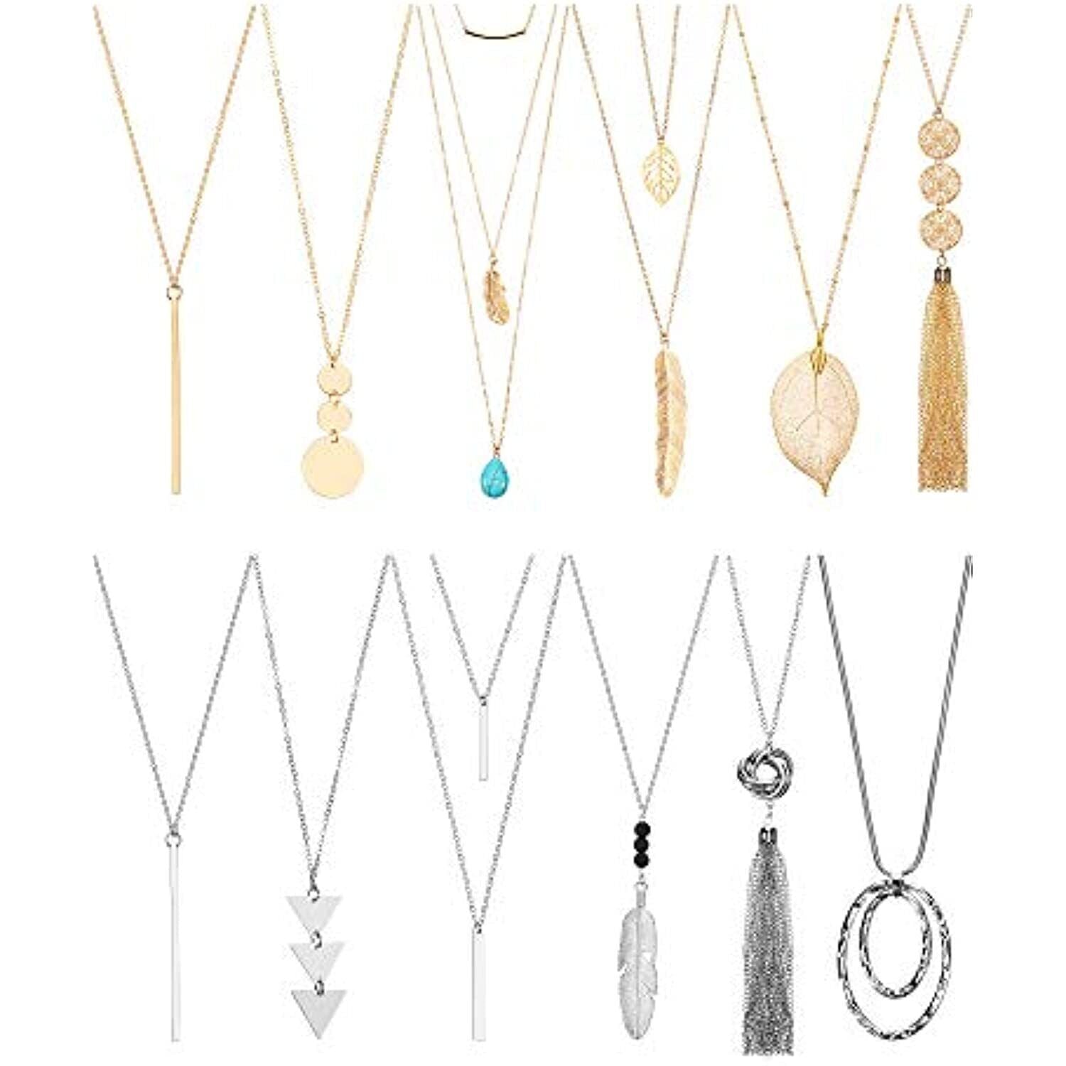 12 Pieces Long Pendant Necklace Set Y Tassel Leaf Circle Bar Necklace for Women